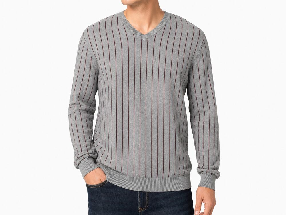 Nautica Men's Luxury Performance V-Neck Grey Burgundy Striped Sweater XXL / 2XL